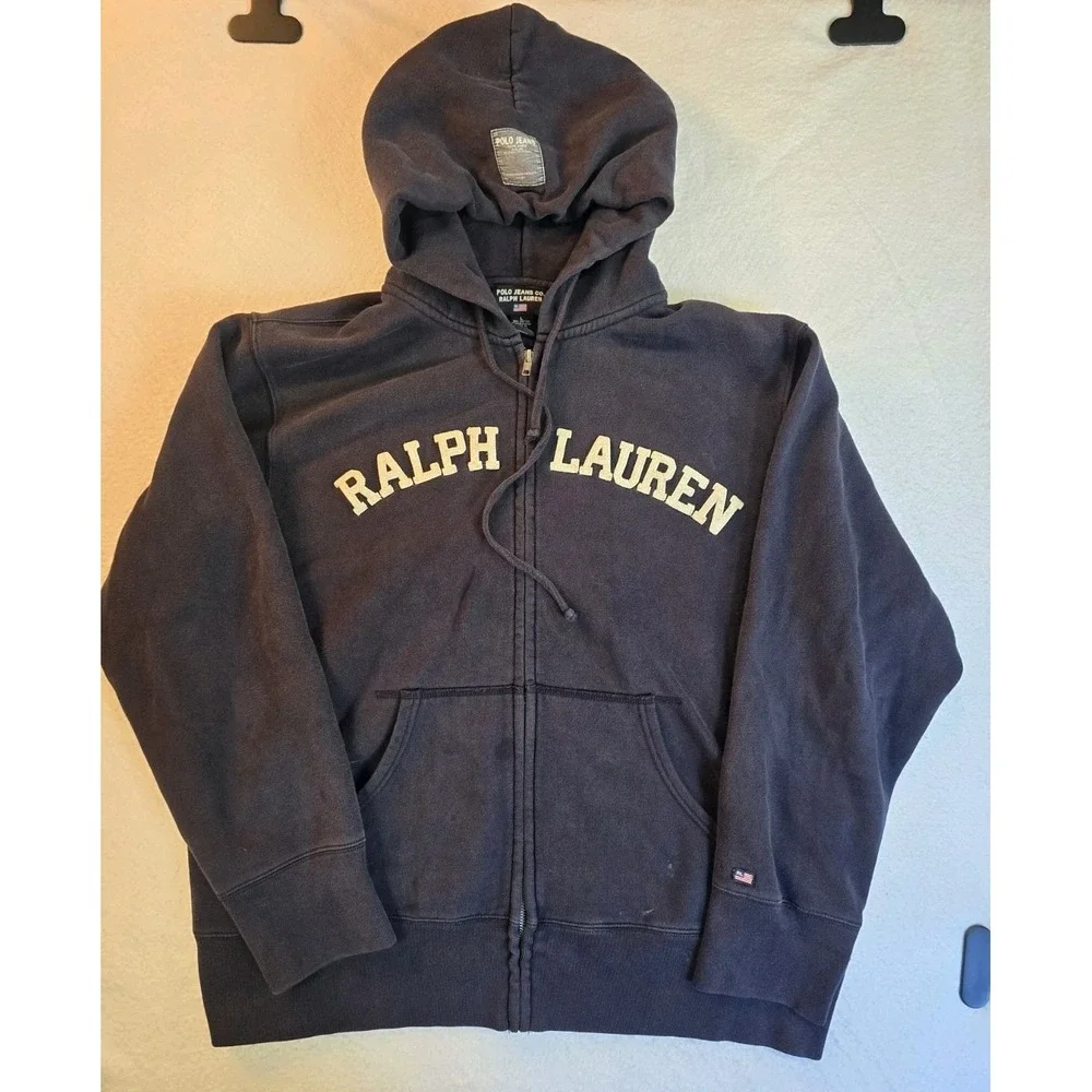 Vintage Polo Jeans Company Ralph Lauren Full Zip Hoodie Large Navy Spell Out